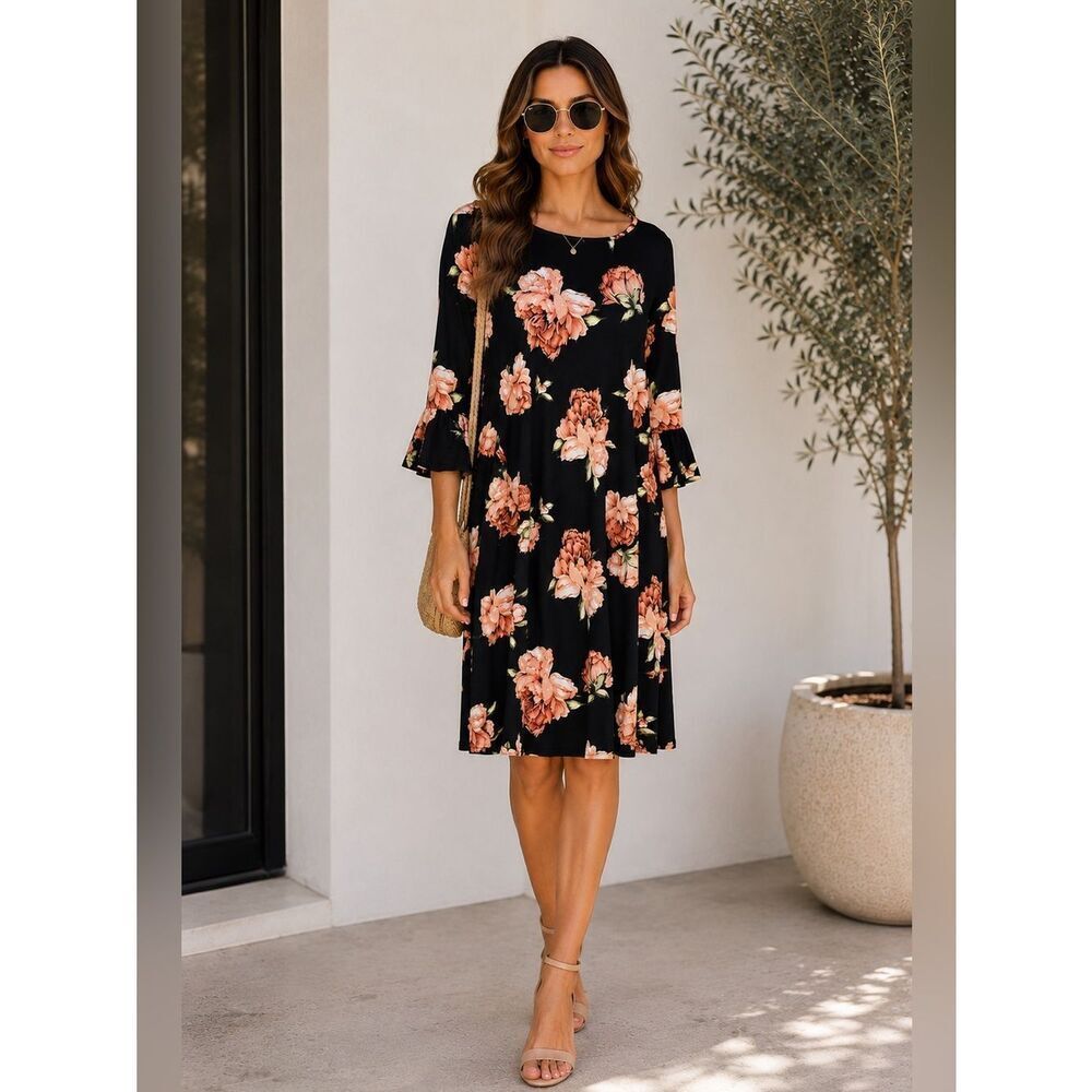 Jamie & Layla from Macys Floral Swing Dress Black Peach Bell Sleeves M